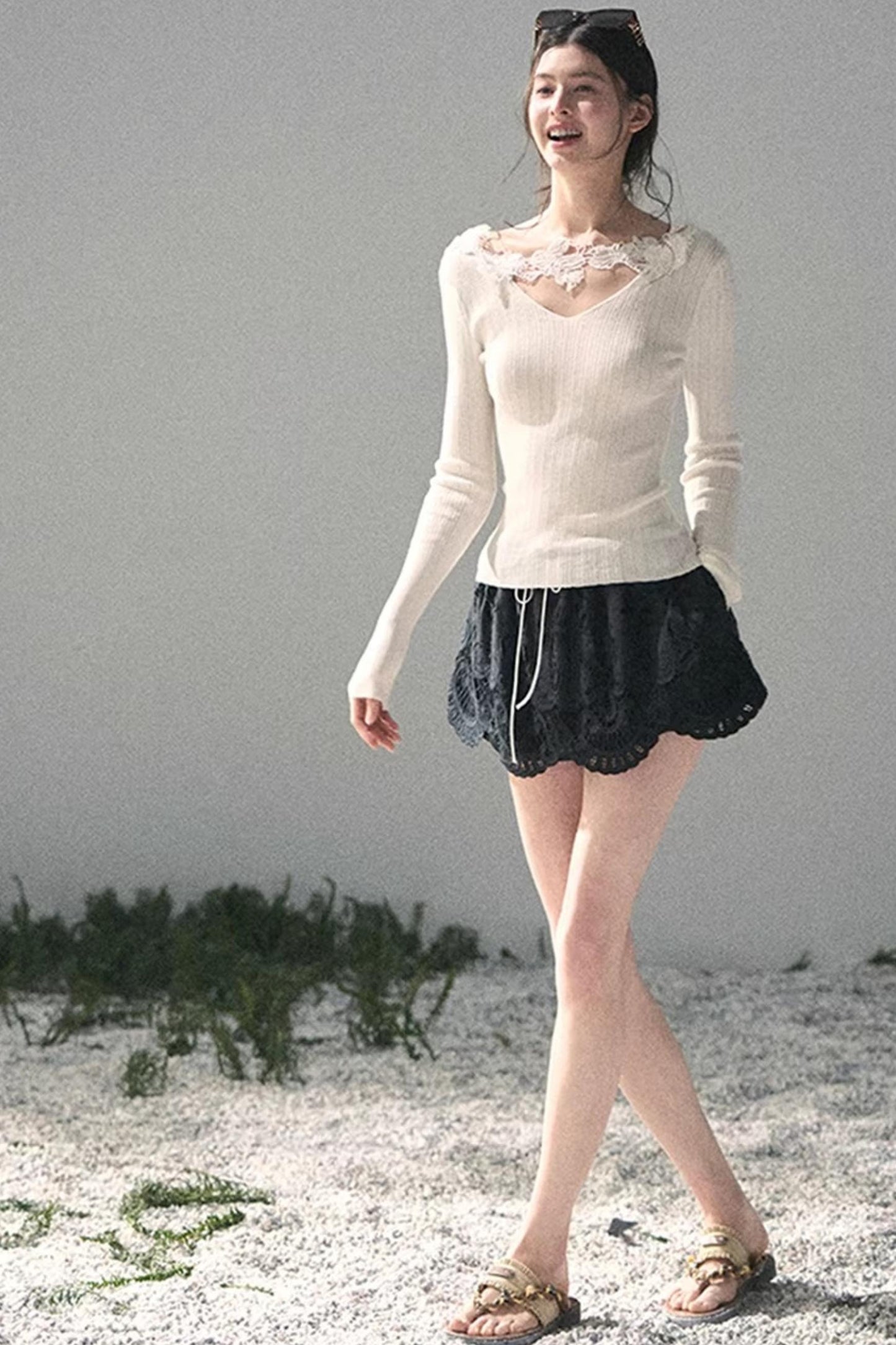Lace-Trimmed Knitted Top
