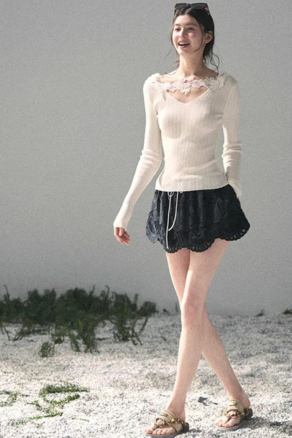 Lace-Trimmed Knitted Top