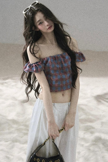 Youthful Plaid Off-Shoulder Top