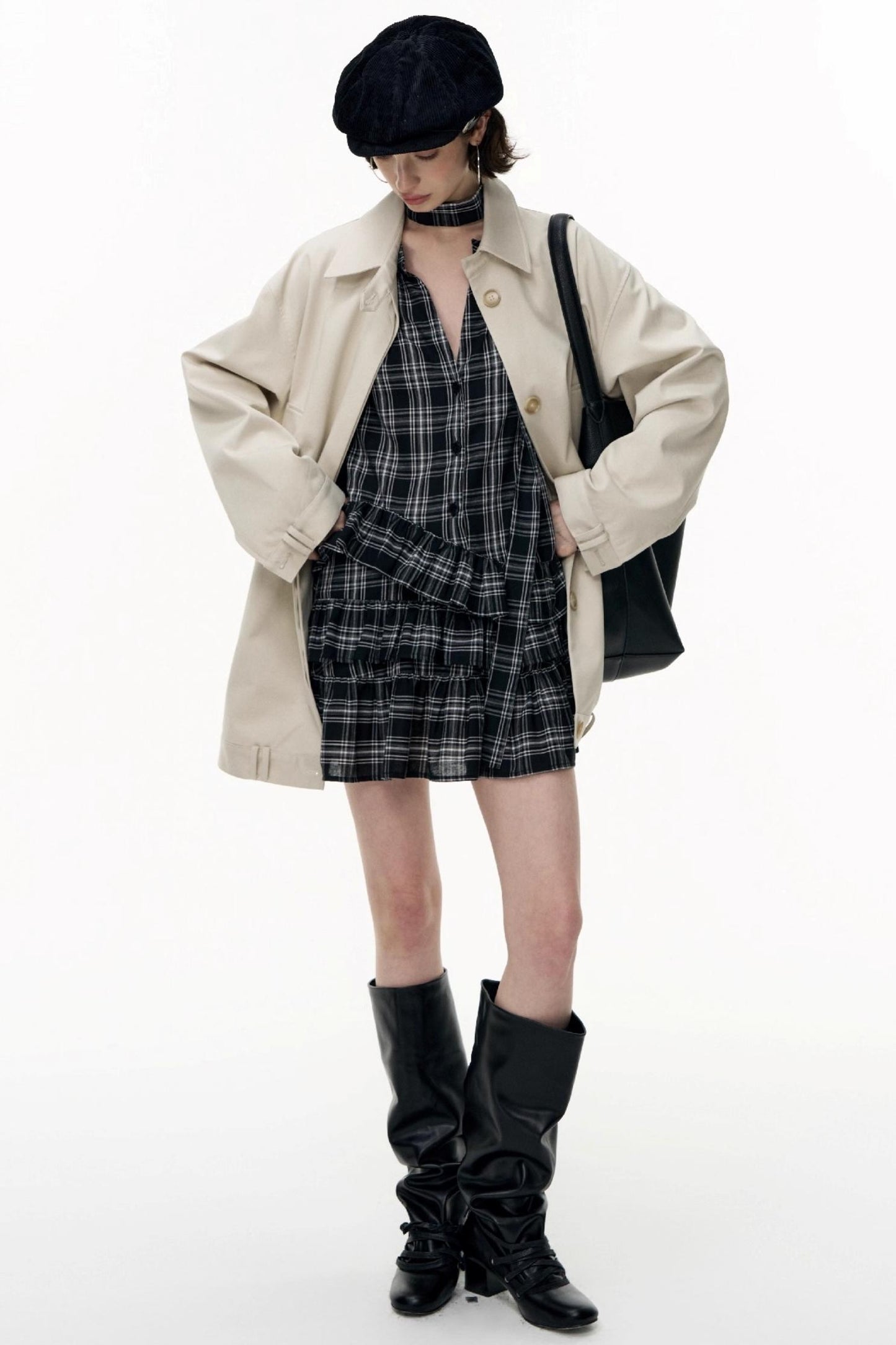 Plaid Ruffle Long Sleeve Shirt Dress