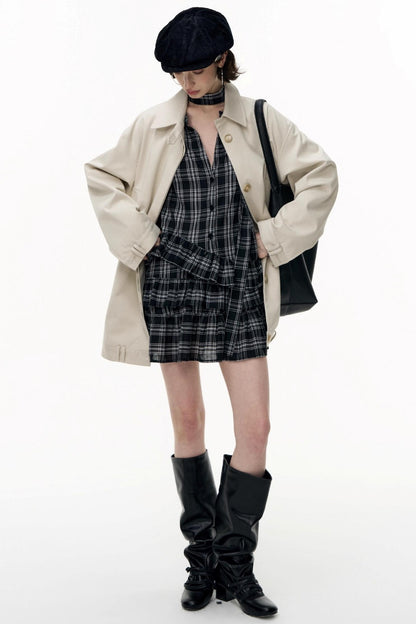 Plaid Ruffle Long Sleeve Shirt Dress