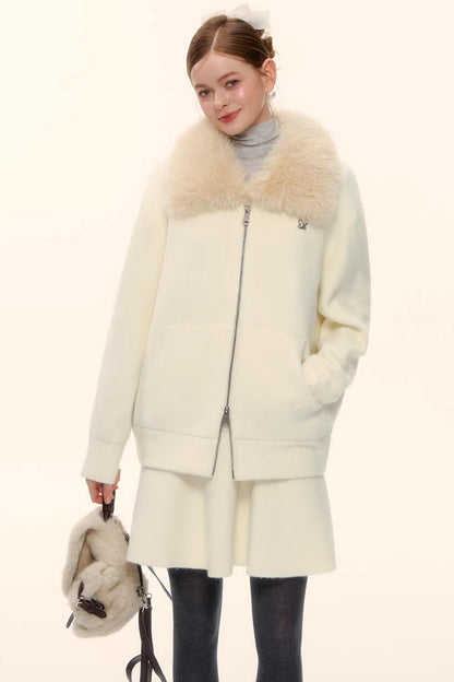 Wool Blend Lapel Fur Collar Coat Set-Up