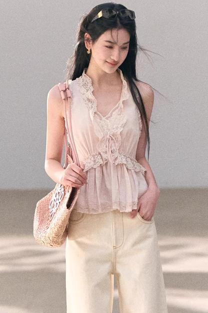 Washed Wide-Leg Lace Pants