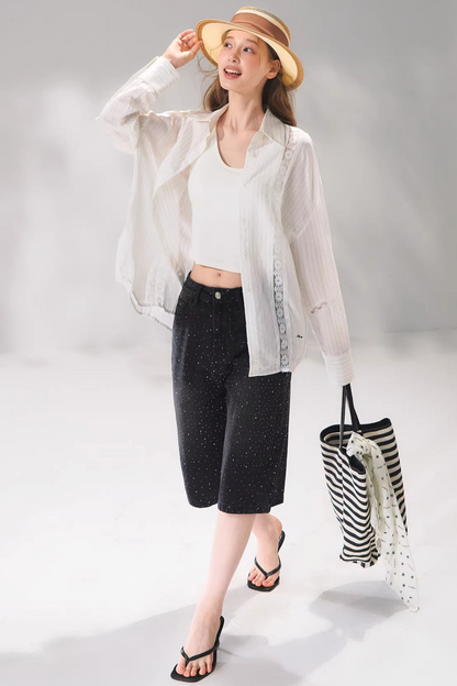 Striped Lace Embroidered Cardigan Set-Up
