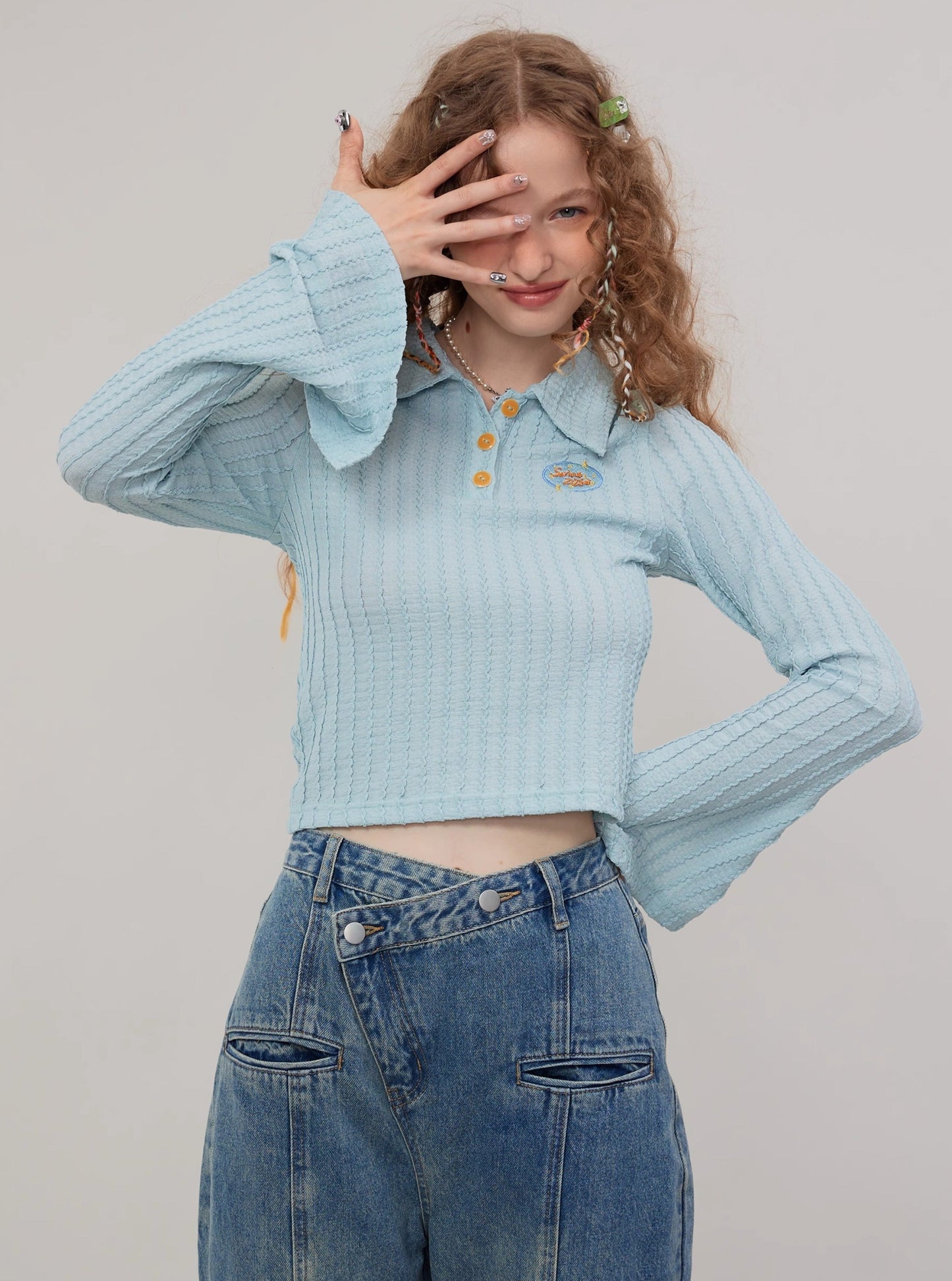 American embroidered flared sleeves knitted T-shirt