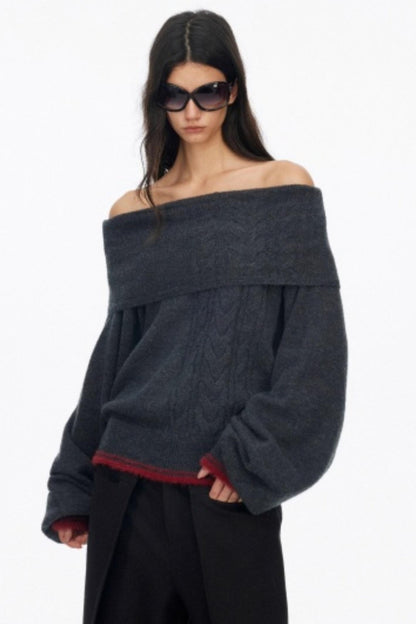 Off-Shoulder Color-Blocked Knit Sweater