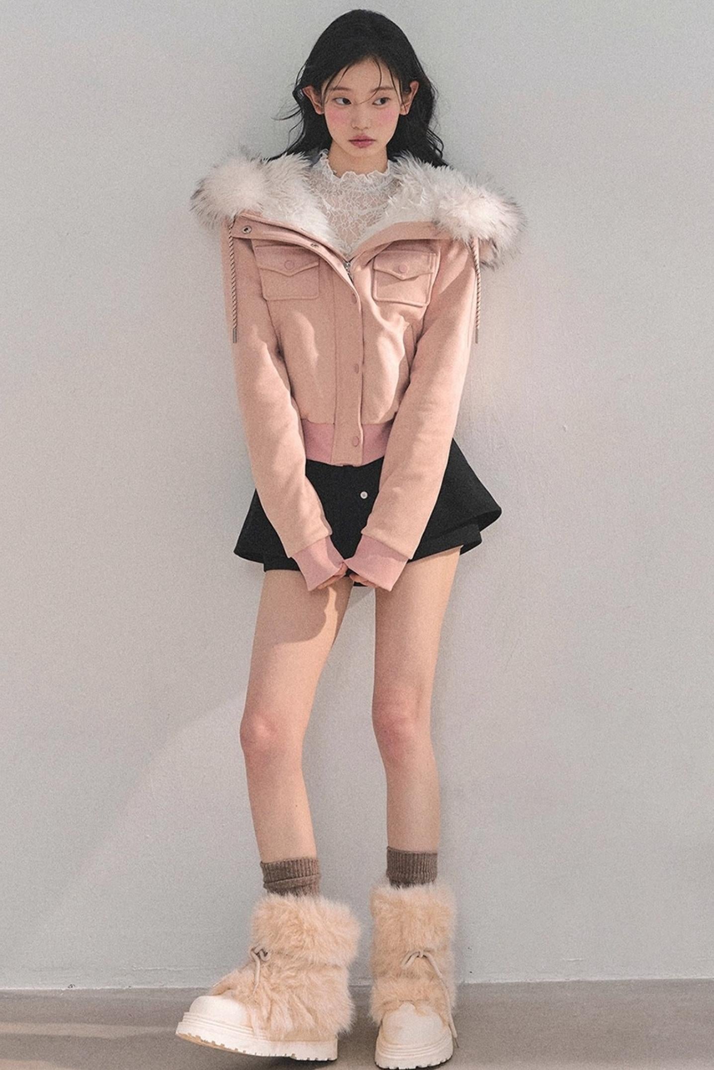 Lamb Wool Hooded Winter Coat