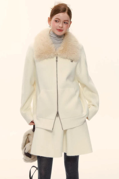 Wool Blend Lapel Fur Collar Coat Set-Up