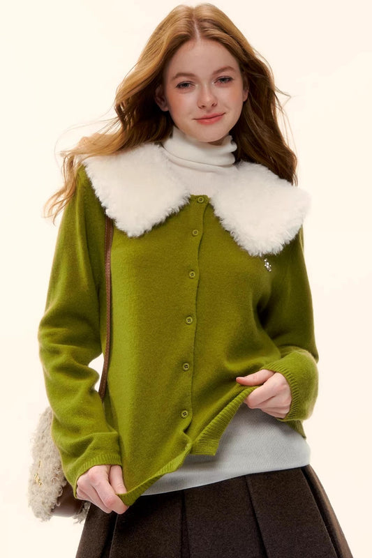 100% Wool Detachable Fur Collar Cardigan