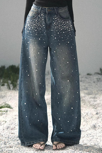 Pantalon en jean bleu clair perlé