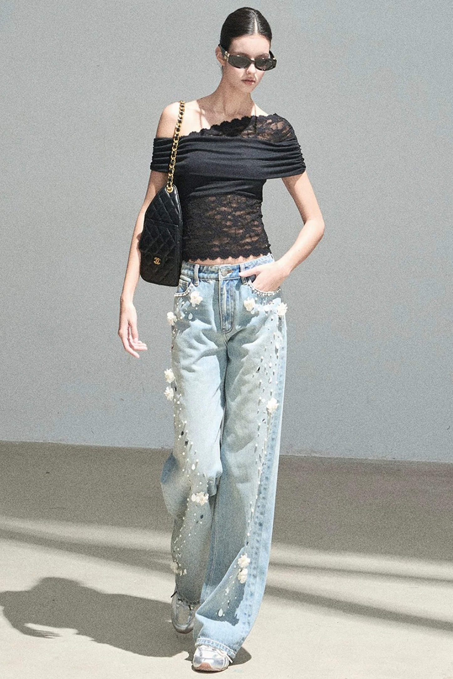 Lace Asymmetrical Shoulder Top