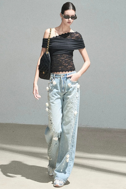 Lace Asymmetrical Shoulder Top