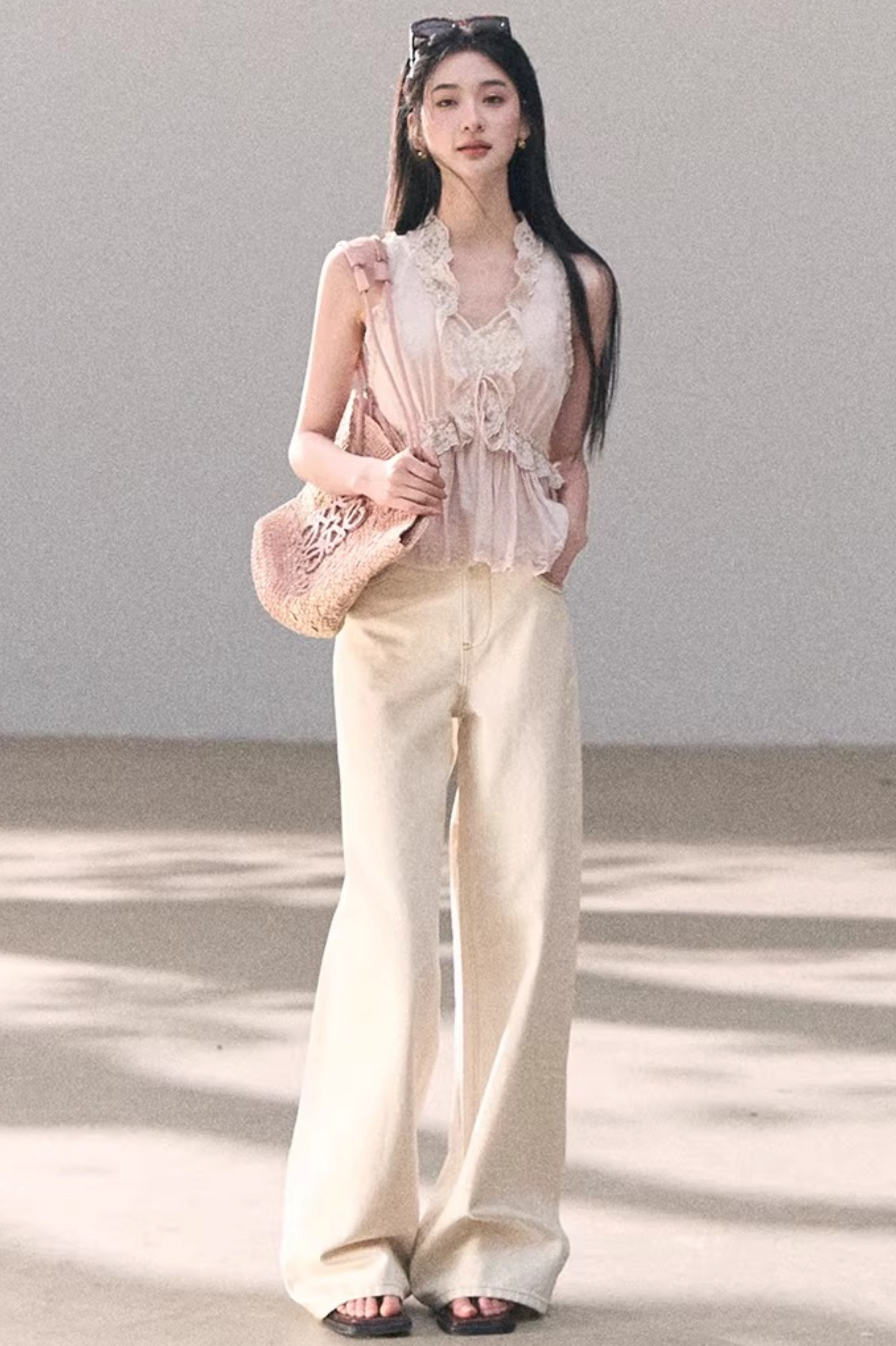 Washed Wide-Leg Lace Pants