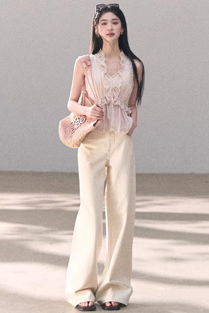 Washed Wide-Leg Lace Pants