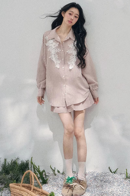 Pink Clouds Lace Shirt Skirt Set-Up