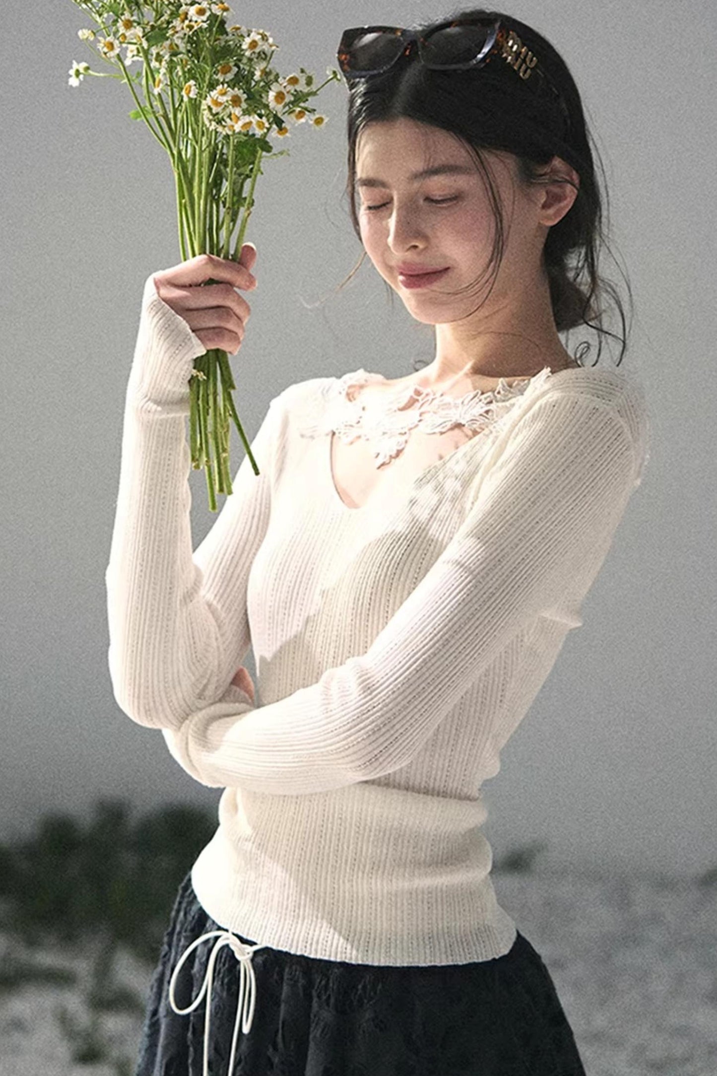 Lace-Trimmed Knitted Top