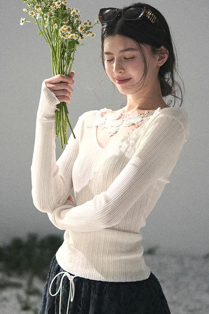 Lace-Trimmed Knitted Top