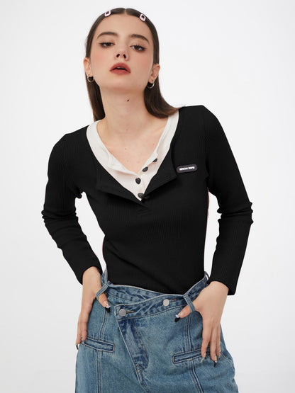 American retro slim V-neck long sleeve T-shirt