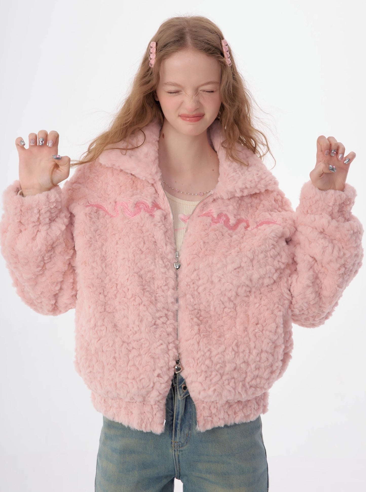 American dragon embroidery lamb wool coat