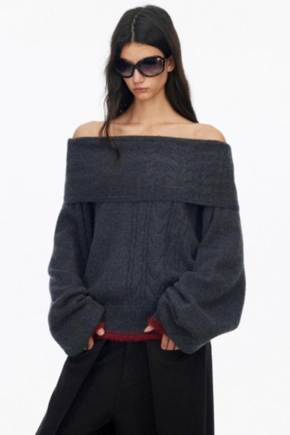 Off-Shoulder Color-Blocked Knit Sweater
