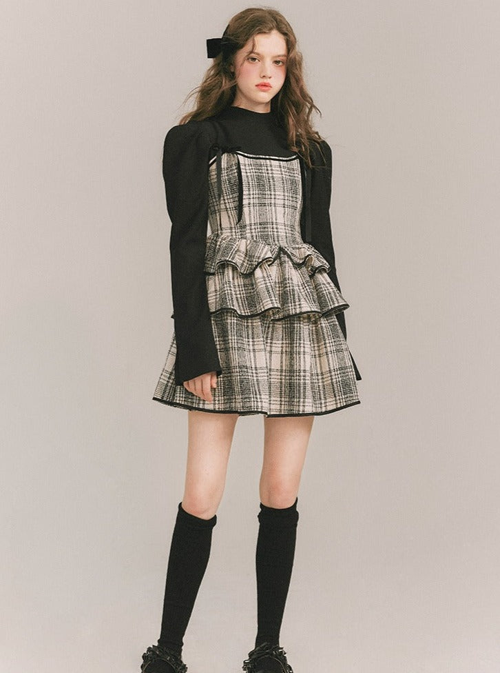 Plaid Cake Skirt Fake Two-piece Dress