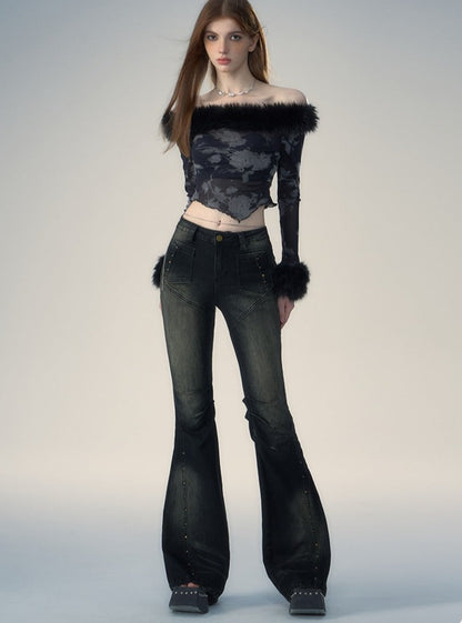 Fur collar long sleeve T-shirt