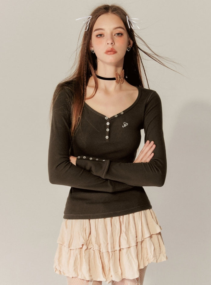 Heart Collar Long Sleeves Base T-Shirt