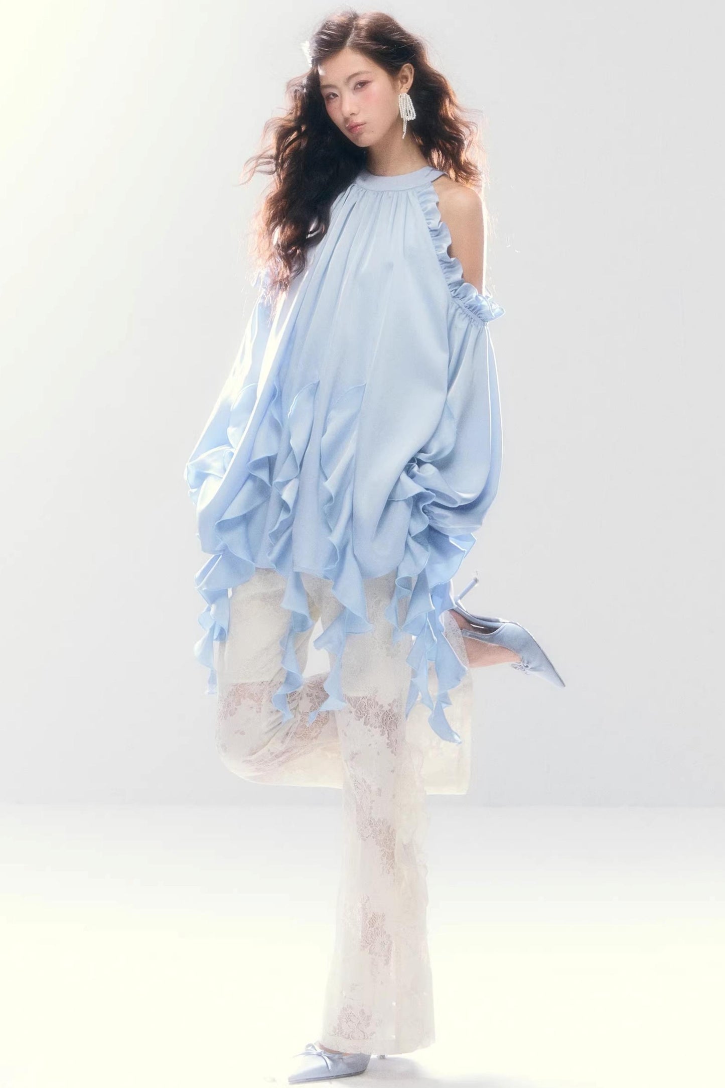 Satin Ruffled Off-Shoulder Dress