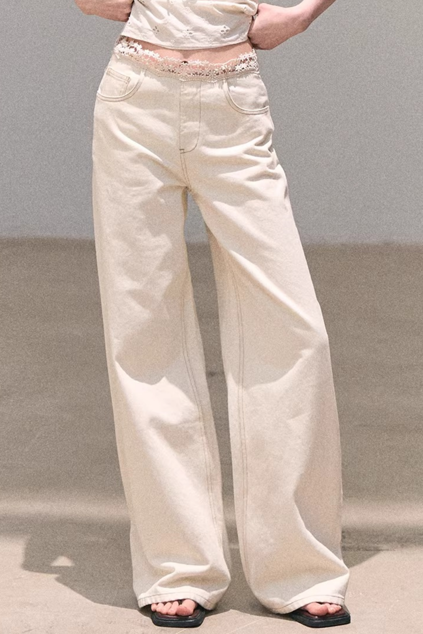 Washed Wide-Leg Lace Pants