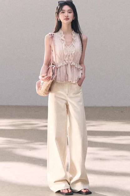 Washed Wide-Leg Lace Pants