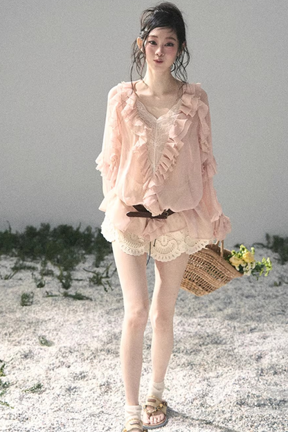 Ruffled Lace Chiffon Blouse