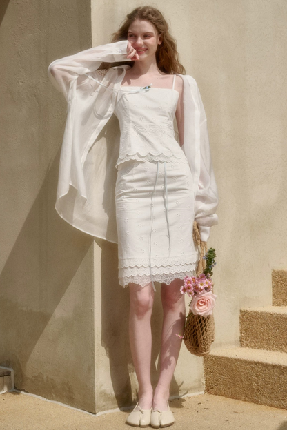 Completo in cotone ricamato gelsomino bianco