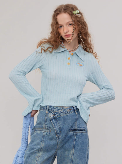 American embroidered flared sleeves knitted T-shirt