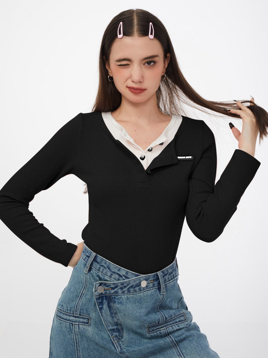 American retro slim V-neck long sleeve T-shirt