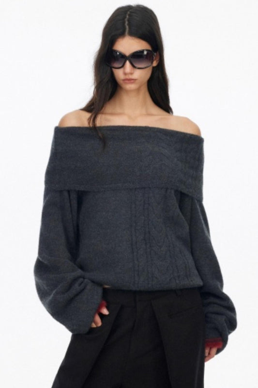 Off-Shoulder Color-Blocked Knit Sweater