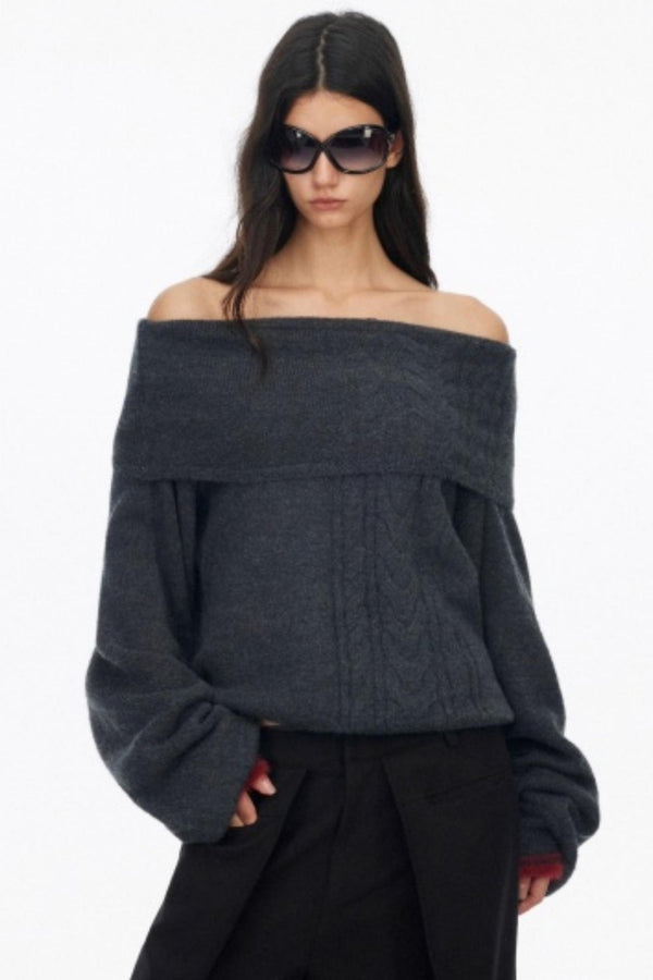 Off-Shoulder Color-Blocked Knit Sweater