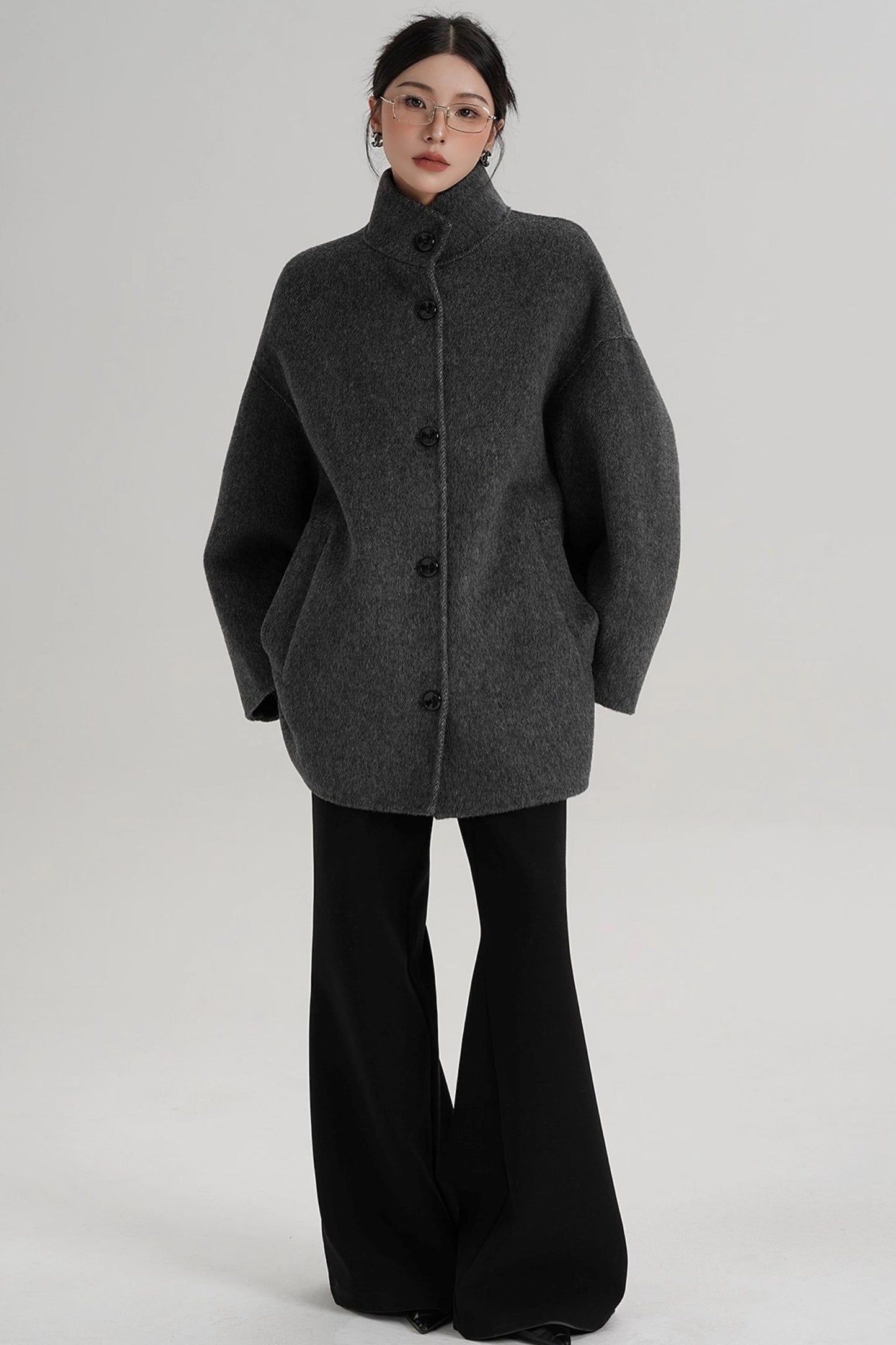 Stand-Up Collar Loose Sleeve Wool Jacket