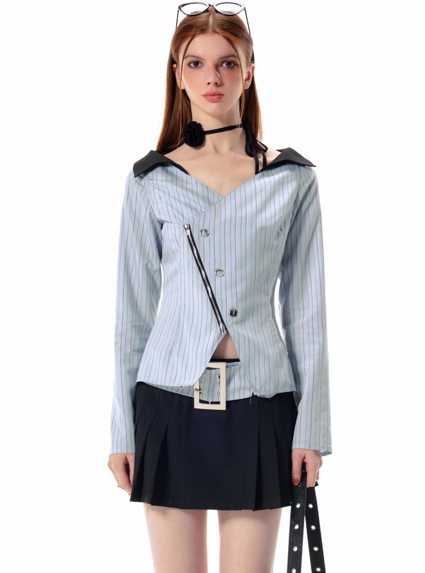 Zipper waist doll collar slit striped Shirt