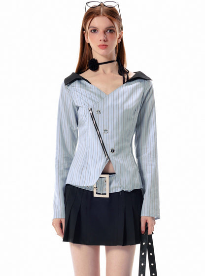 Zipper waist doll collar slit striped Shirt