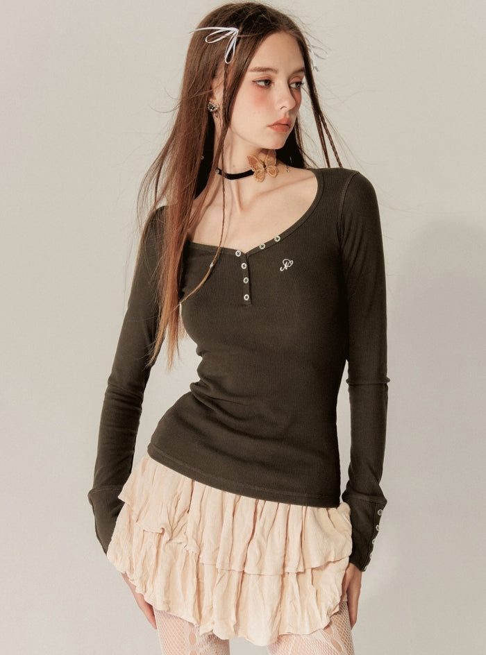 Heart Collar Long Sleeves Base T-Shirt