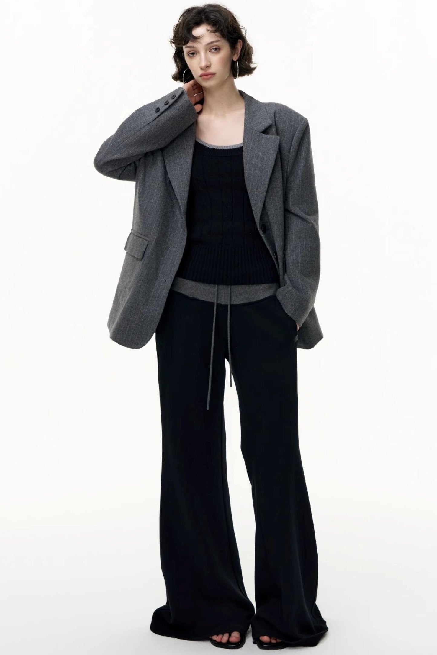 Drawstring Cotton Flared Sweatshirt Slacks