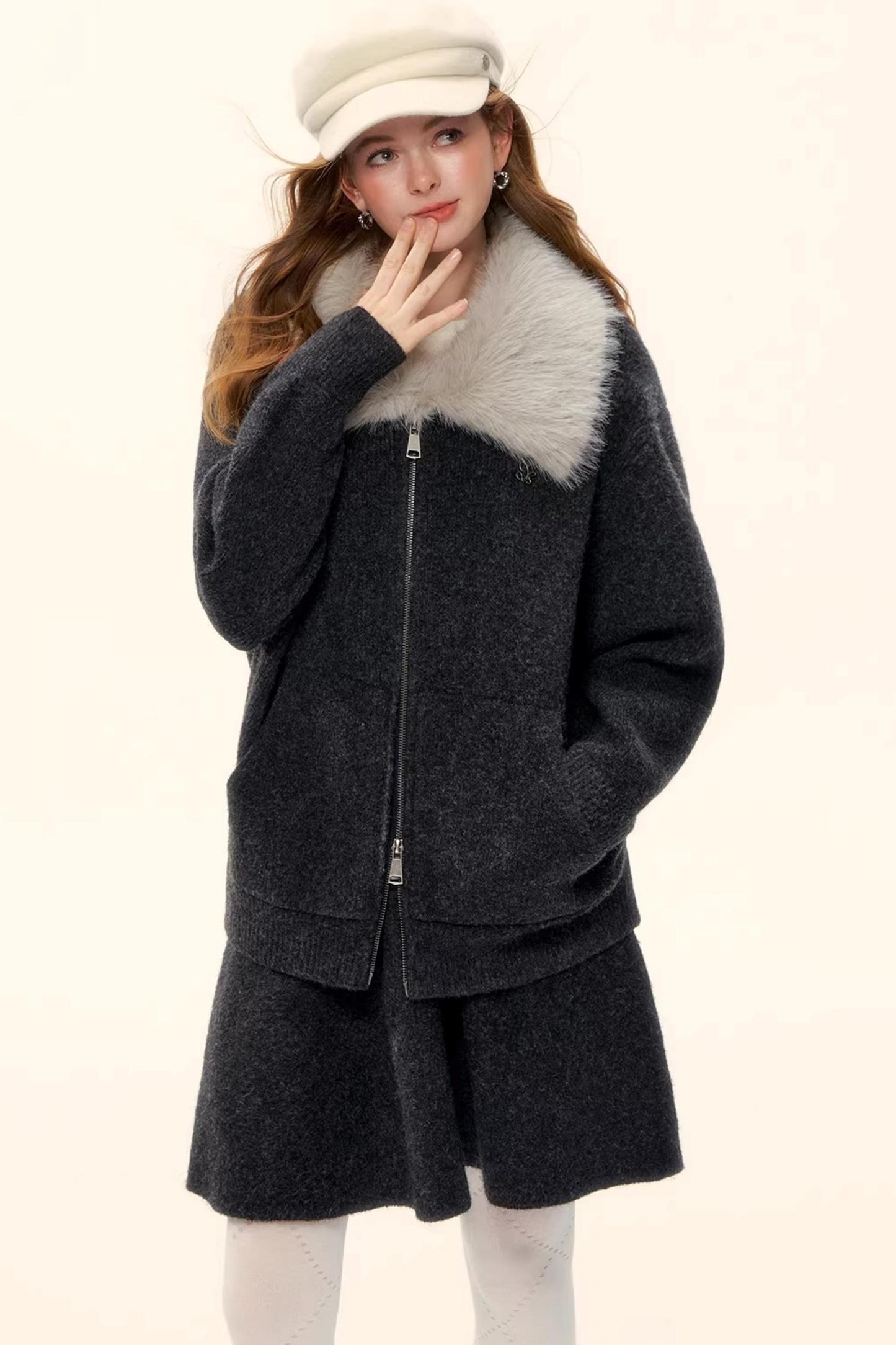 Wool Blend Lapel Fur Collar Coat Set-Up
