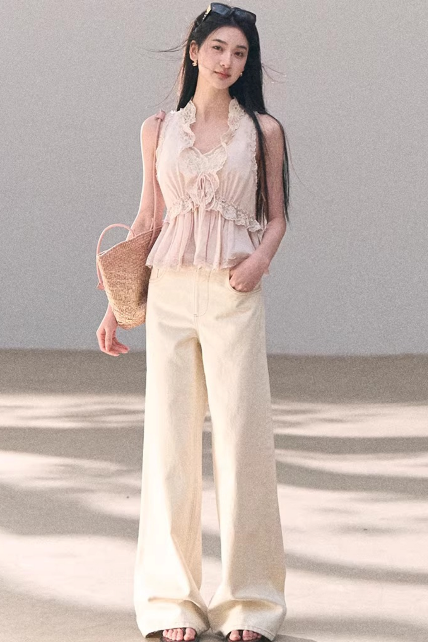 Washed Wide-Leg Lace Pants