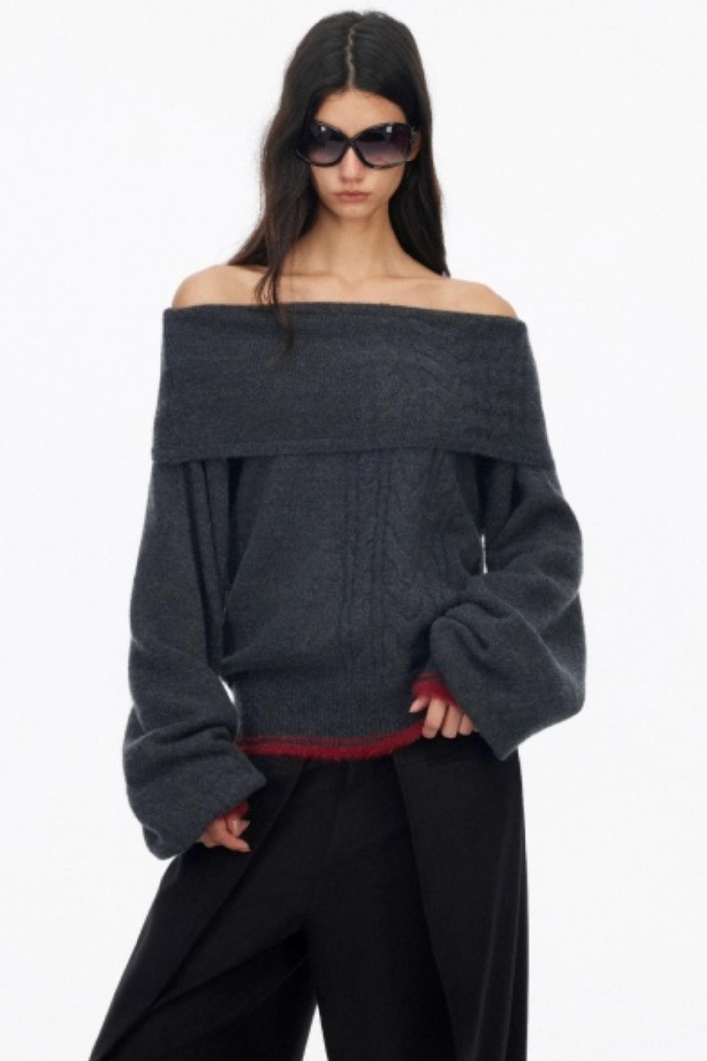 Off-Shoulder Color-Blocked Knit Sweater