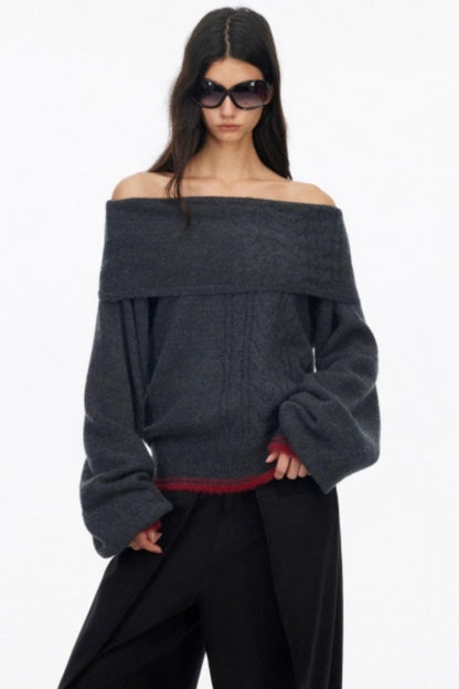 Off-Shoulder Color-Blocked Knit Sweater