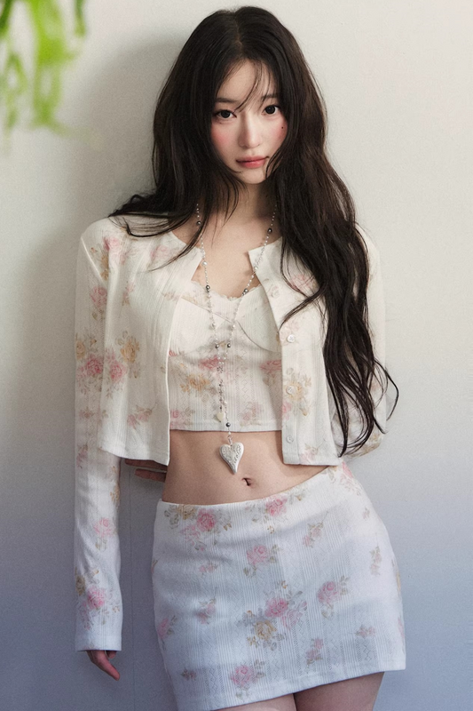 Retro Floral Knitted Cardigan Set-Up