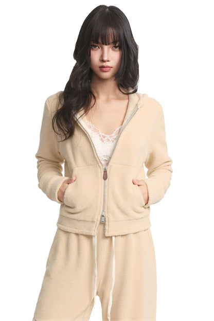 Cardigan blu lavorato a maglia con cappuccio