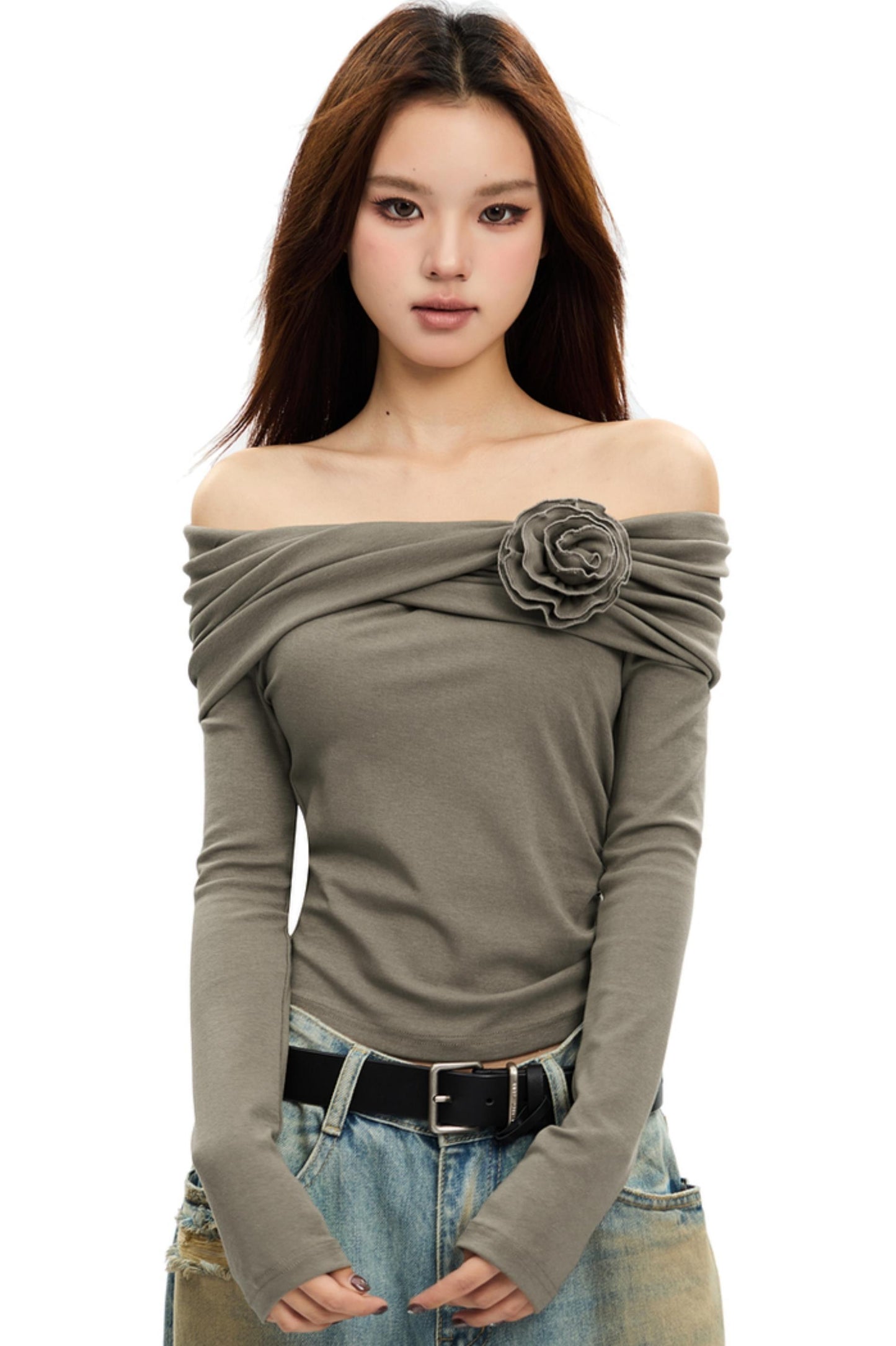 French Straight Shoulder Floral Knit Top