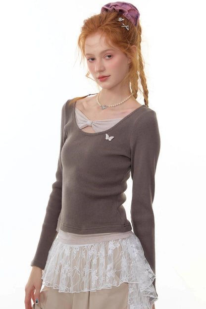 Fake Two Bow Long sleeve T-shirt