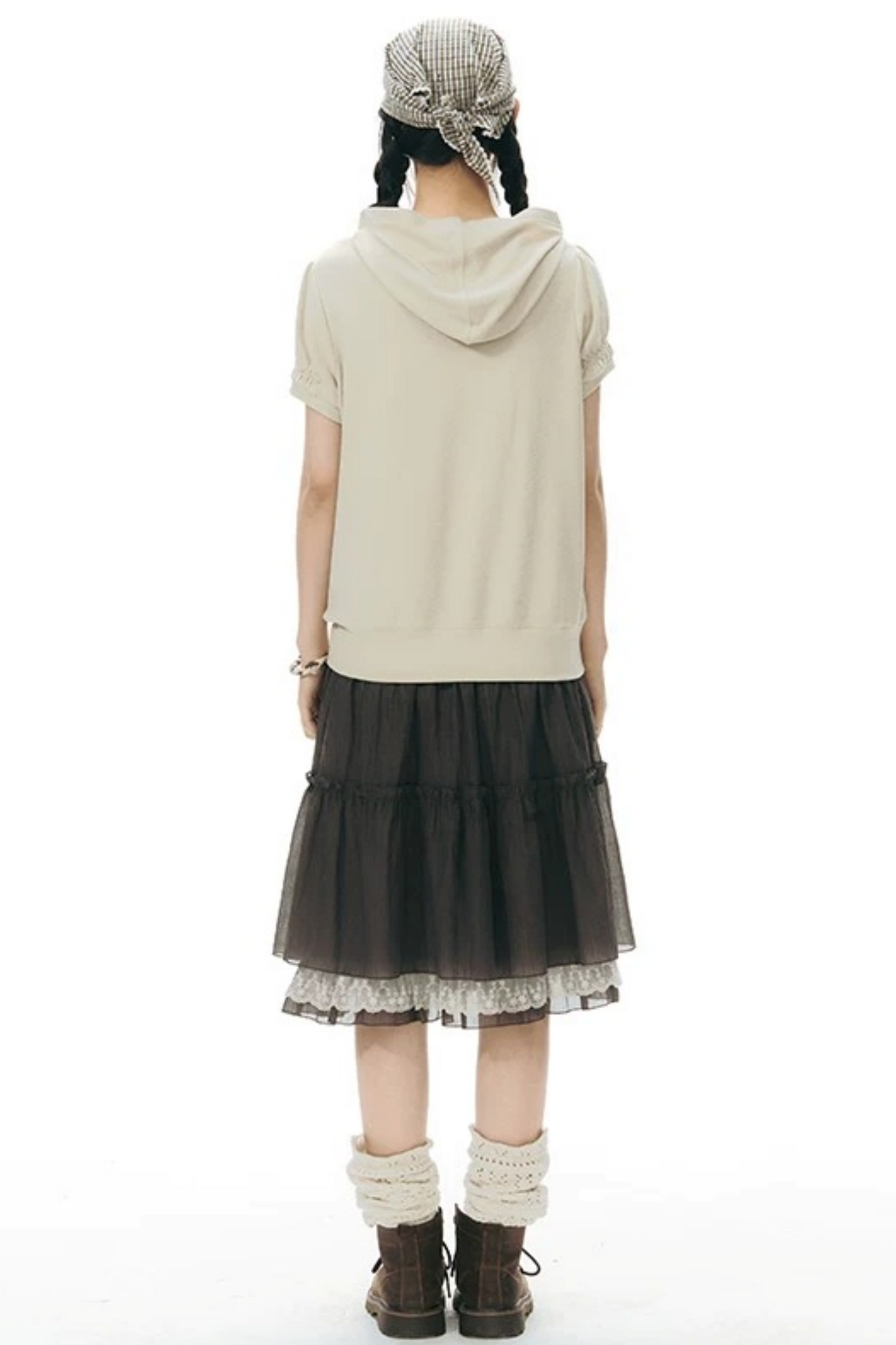 Printed Hooded Oatmeal Short-Sleeve Sweatshirt